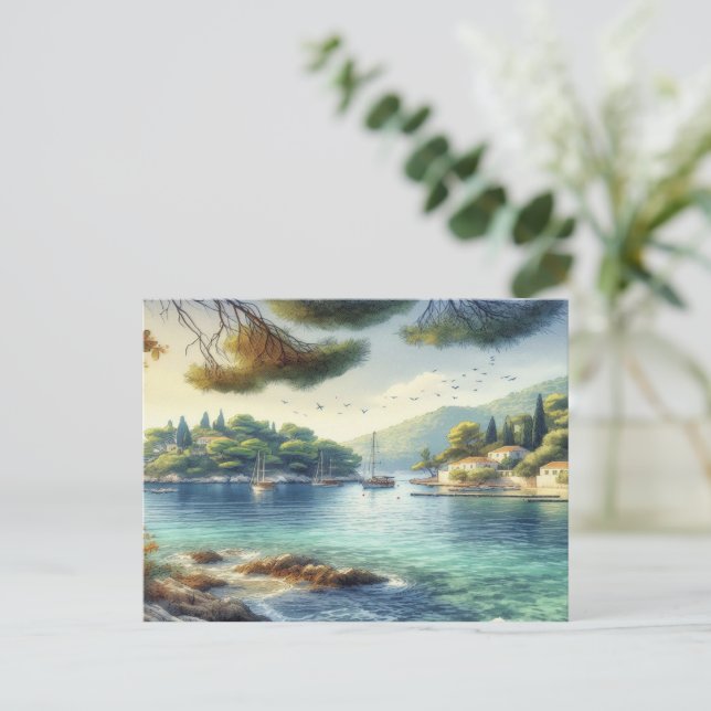 Dubrovnik Kroatien Mljet ö vattenfärg Helg Vykort (Stående Fram)