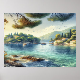 Dubrovnik Kroatien Mljet ö vattenfärg Poster