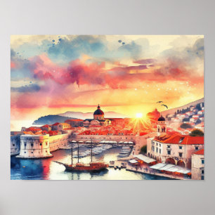 Dubrovnik Kroatien Sunrise vattencolor Poster