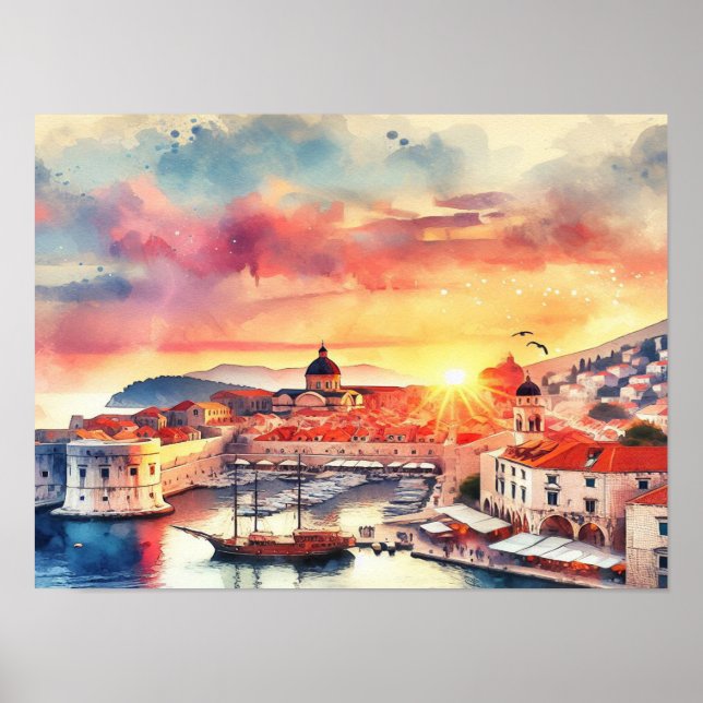 Dubrovnik Kroatien Sunrise vattencolor Poster (Framsidan)