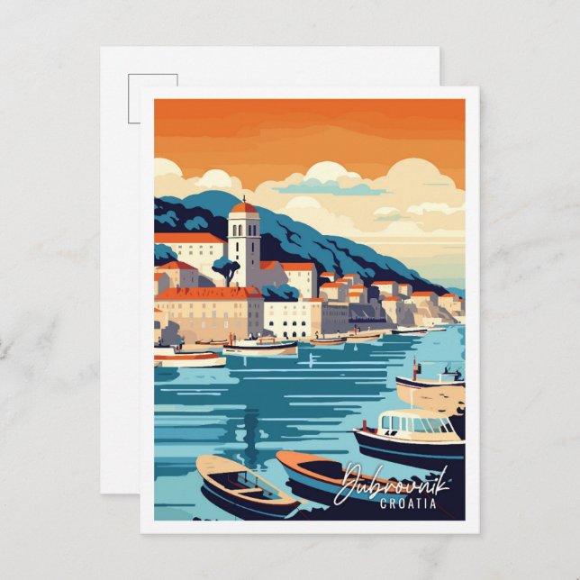 Dubrovnik Kroatien vintage resor illustration Vykort (Fram/baksida)