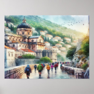 Dubrovnik Kroatien Walk på väggvattenfärgen Poster