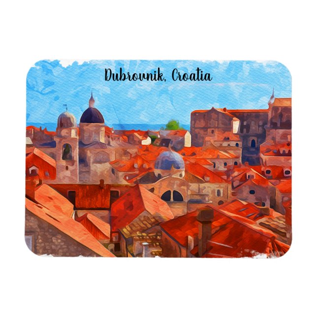 Dubrovnik Kroatien Watercolor Painting Travel Magnet (Horisontell)