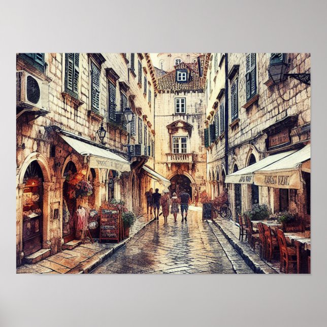 Dubrovnik Kroatiens gatuvattenfärg Torn Poster (Framsidan)
