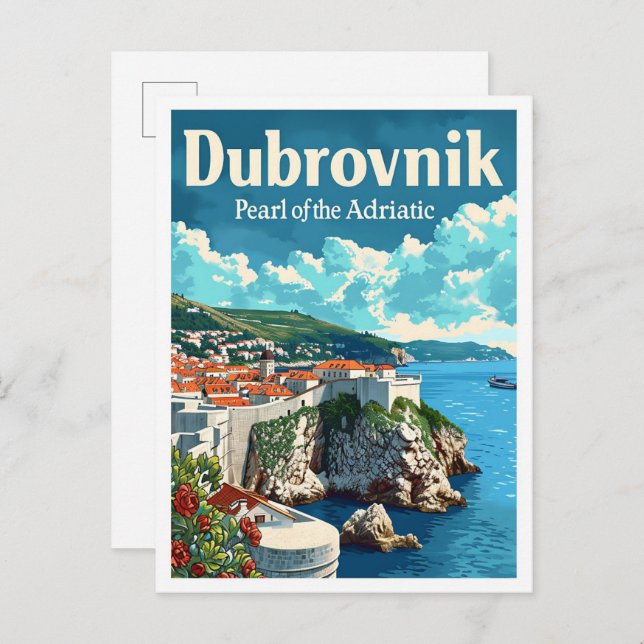 Dubrovnik Kroatiens konstnärliga reseillustration Vykort (Fram/baksida)