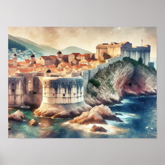 Dubrovnik Kroatiens vattenfärg Poster (Framsidan)
