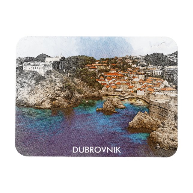 Dubrovnik Kroatiens vattenfärga kustvy Magnet (Horisontell)