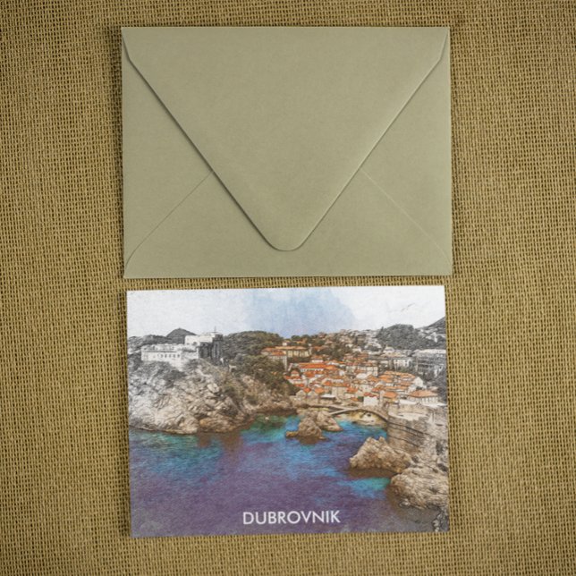 Dubrovnik Kroatiens vattenfärga kustvy Vykort (dubrovnik croatia coastal view postcard)
