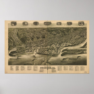 Dubuque Iowa 1889 Antique Panoramic Karta Poster