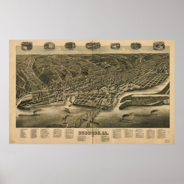 Dubuque Iowa 1889 Antique Panoramic Karta Poster (Framsidan)