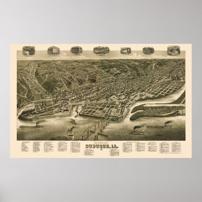 Dubuque, Iowa Panoramic Karta - 1889 Poster (Framsidan)