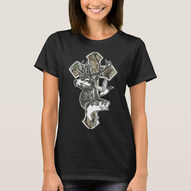 Duck Deer Dove Camo Cross Christian Hello Hunting  T Shirt (Framsida)