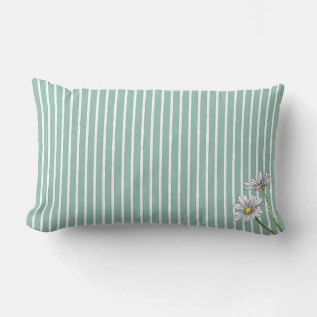 Duck Egg Blue Striped Floral Watercolor Daisy Lumbarkudde (Framsida)