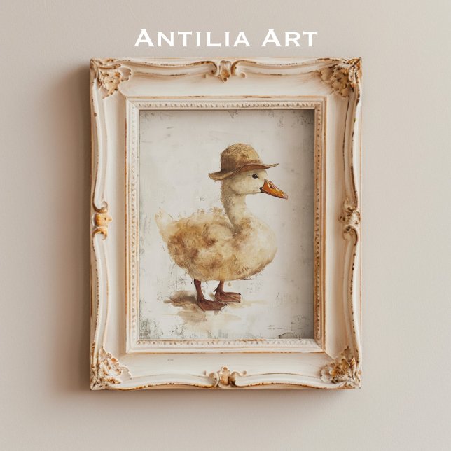 Duck i Hat Painting Whimsical Duckling Rustic Poster (Skapare uppladdad)