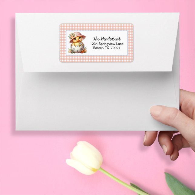 Duckling Chick in Easter Egg on Pink Gingham Plaid Adressetikett (Skapare uppladdad)
