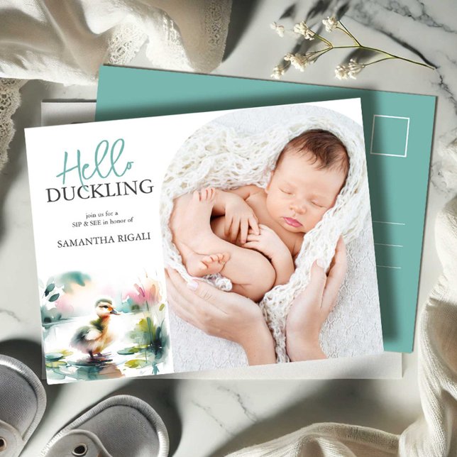 Duckling-inbjudningar Sip och se Baby Shower Boy Helg Vykort (Sip and see baby shower invitations boy watercolor duck by Do Tell A Belle)