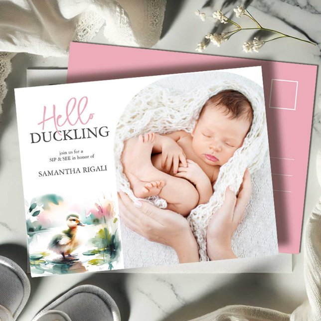 Duckling-inbjudningar Sip och se Baby Shower Girl Helg Vykort (Sip and see pink girl watercolor duck and photo by Victoria Grigaliunas of Do Tell A Belle)