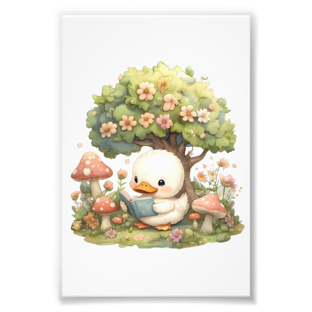 Duckling Reading under a Träd - Whimsical and Rela Fototryck (Framsidan)