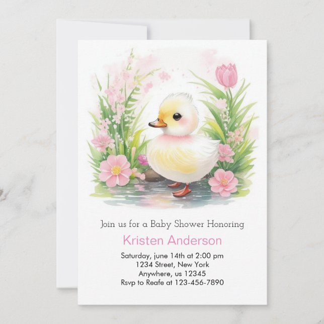 Duckling Rosa Wildblomme Stollig Girl Baby Shower Inbjudningar (Framsida)