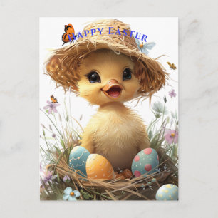 Duckling Straw Hat Påskägg Flowers Butterflies Vykort