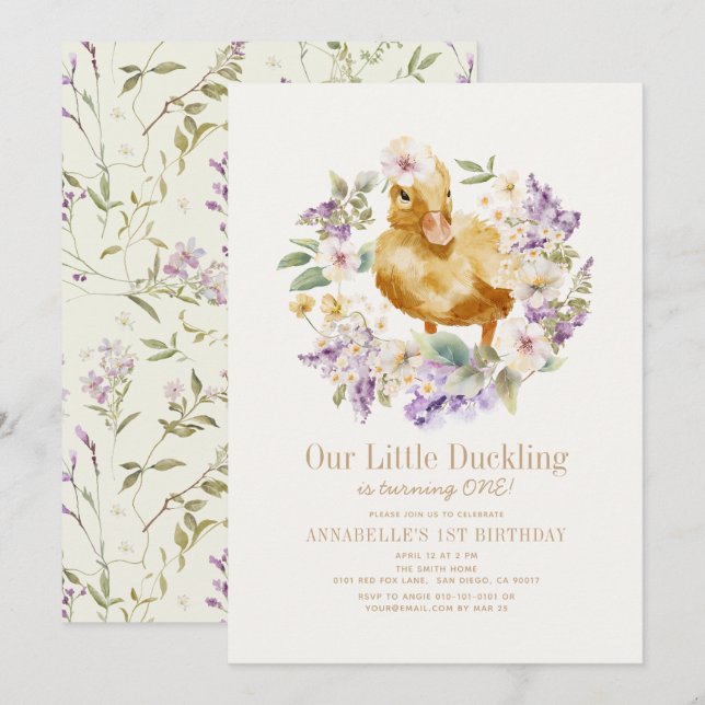 Duckling Watercolor Blommigt Girl 1st Birthday Inbjudningar (Fram/baksida)