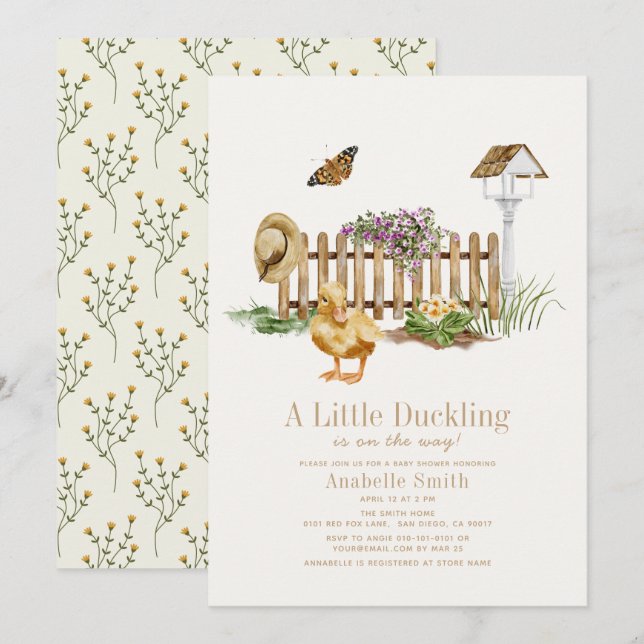 Duckling Watercolor Garden Girl Baby Shower Inbjudningar (Fram/baksida)