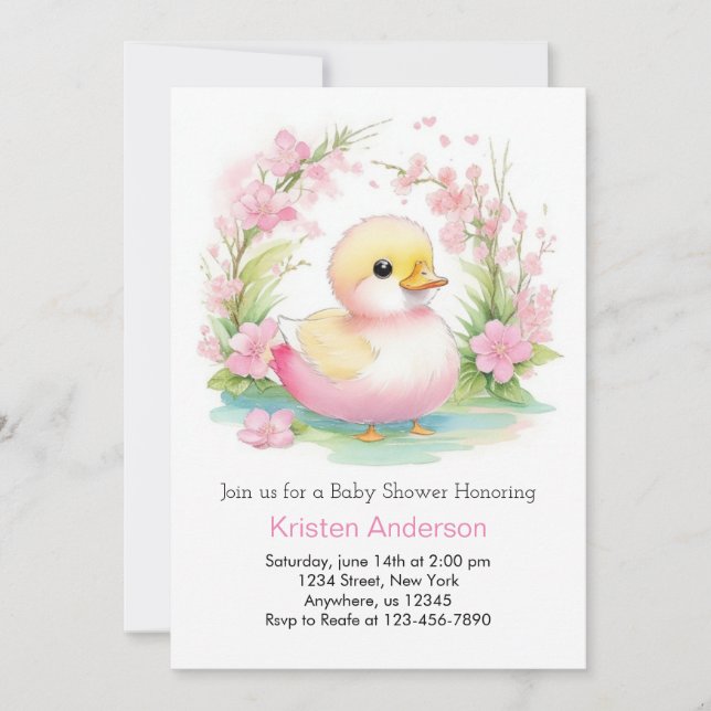 Duckling Whimsime Rosa Blommigt Girl Baby Shower Inbjudningar (Framsida)