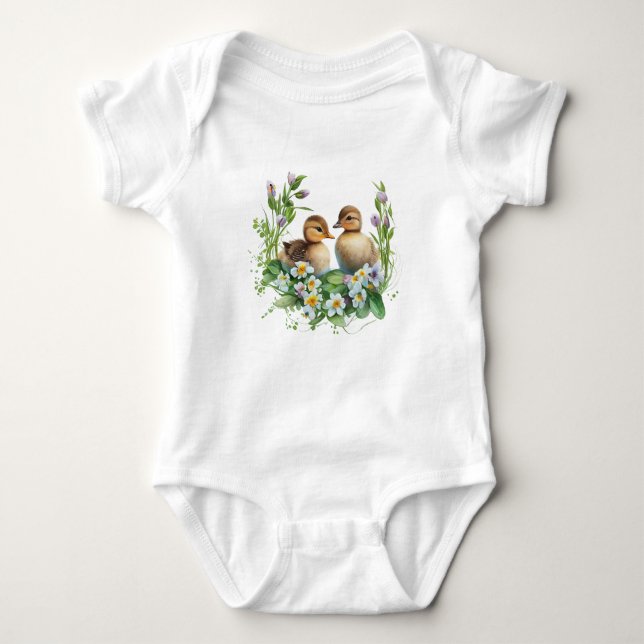 Ducklings med Daisy och Lila blommor T Shirt (Framsida)