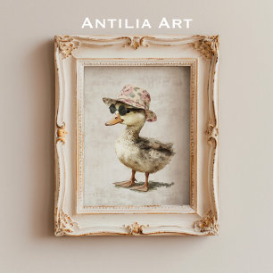Duckning i Blommigt Hat & solglasögon Målning Anka Poster