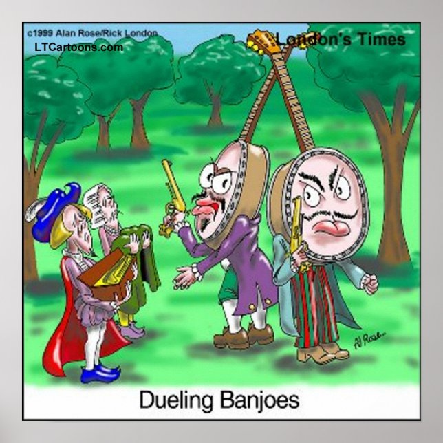 Duelerande Banjos Roligt Cartoon Affisch av Rick L (Framsidan)