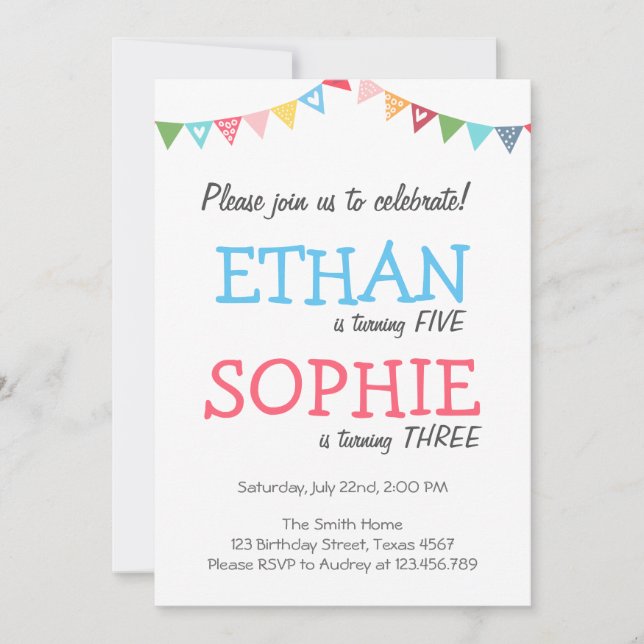 Duktig flicka och pojke i födelsedagsfest inbjudan (Framsida)