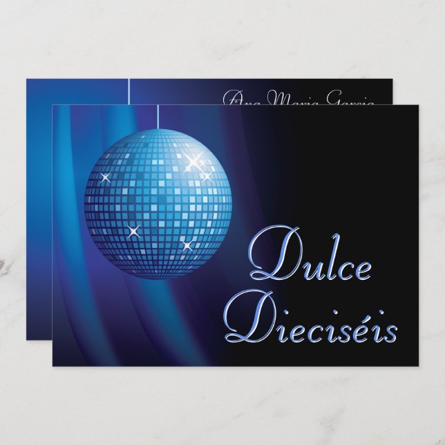 Dulce Dieciséis Disco Ball Azul Fiesta  Inbjudningar (Fram/baksida)