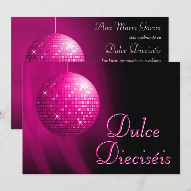 Dulce Dieciséis Disco Ball Rosa Fiesta  Inbjudningar (Fram/baksida)