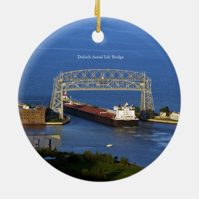 Duluth Aerial Hiss Bridge & Boat dubbla sido Julgransprydnad Keramik (Baksidan)