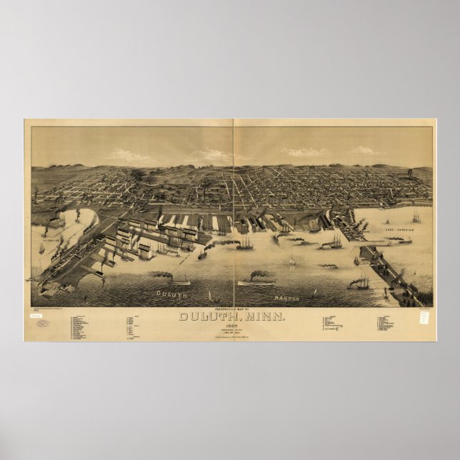 Duluth Minnesota 1887 Antique Panoramic Karta Poster (Framsidan)