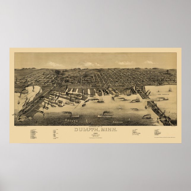 Duluth, MN Panoramic Karta - 1887 Poster (Framsidan)