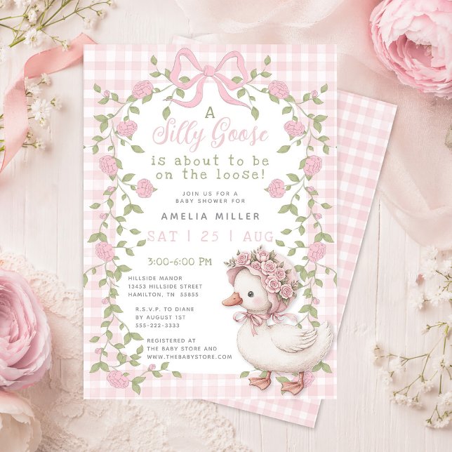 Dum gås på fri Pink Gingham Babyfirande Inbjudningar (Silly Goose On the Loose Pink Gingham Baby Shower Invitation)