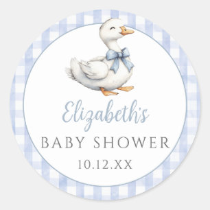 Dum liten gås Blå Gingham Baby Shower Runt Klistermärke