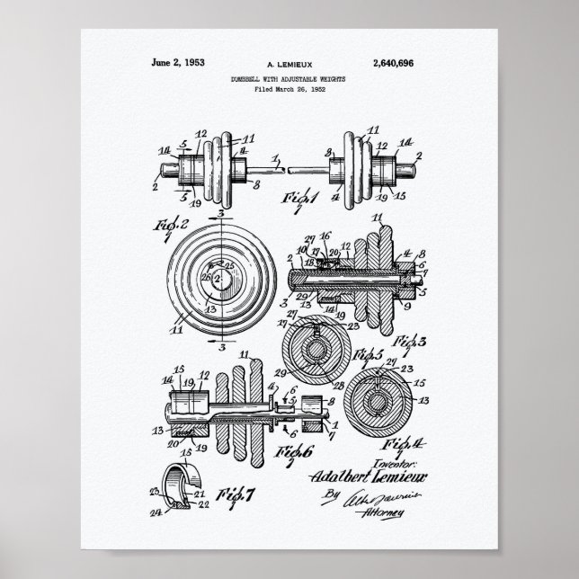 Dumbbell 1953 Patent Art White Papper Poster (Framsidan)
