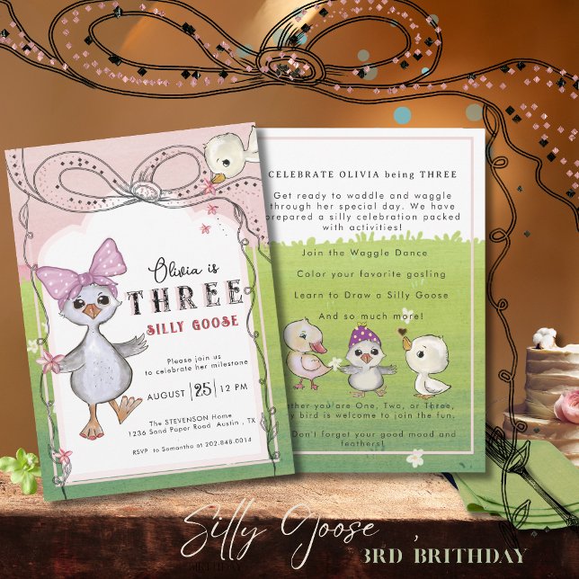 Dumma Gås 3-års Födelsedagsflicka Rosa Rosett Träd Inbjudningar (Silly Goose 3rd Birthday Girl Pink Bow Garden Invitation)