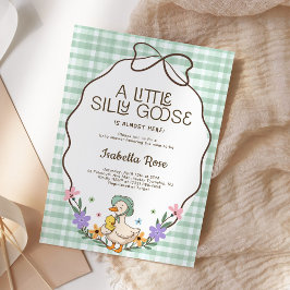 Dumma gås baby shower grön gingham neutral inbjudningar