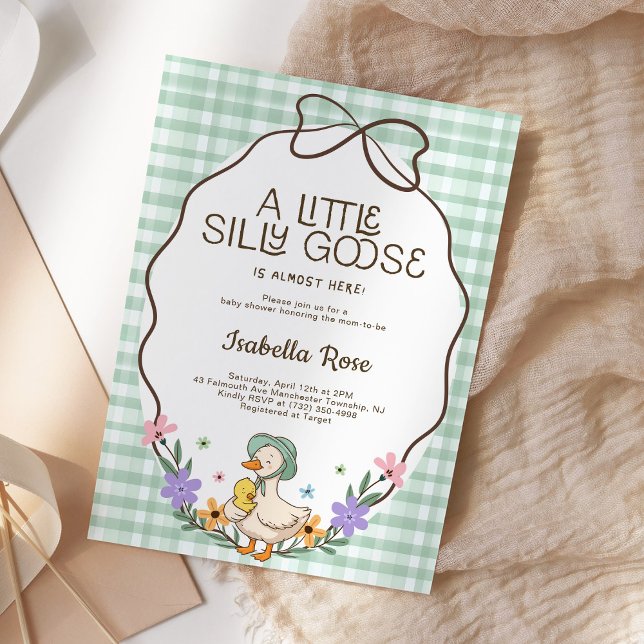 Dumma gås baby shower grön gingham neutral inbjudningar (Skapare uppladdad)