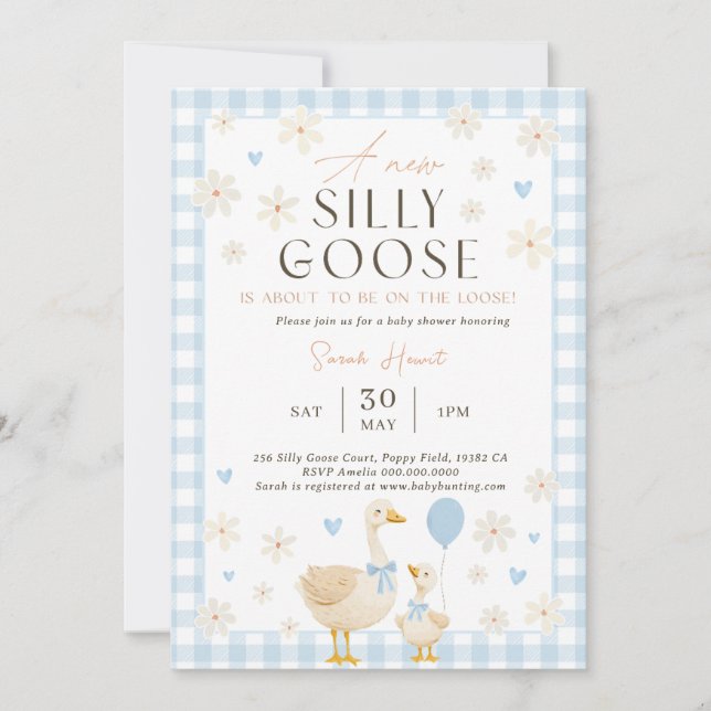 Dumma gås baby shower inbjudan pojke, Blå baby  (Framsida)