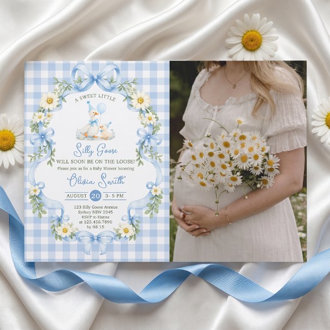 Dumma gås blå båge pojke baby shower inbjudan (Skapare uppladdad)