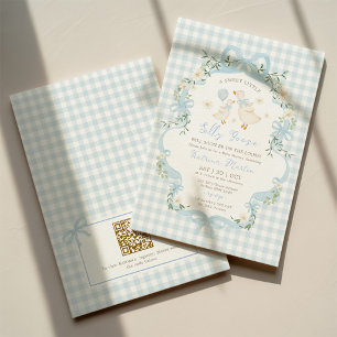 Dumma gås blå band pojke baby shower QR-kod Inbjudningar