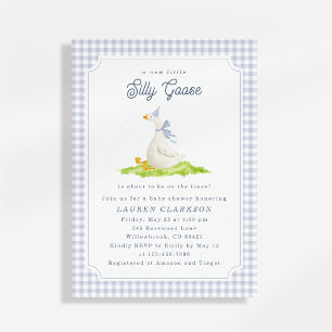 Dumma gås blå Gingham Baby Shower-inbjudan Inbjudningar