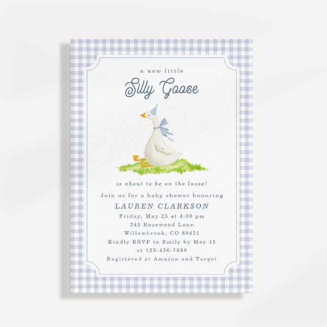Dumma gås blå Gingham Baby Shower-inbjudan Inbjudningar (Skapare uppladdad)
