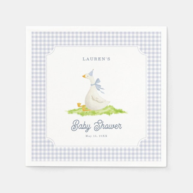Dumma gås blå gingham baby shower servetter (Framsidan)