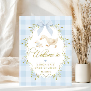Dumma Gås Blå Gingham Babyfirande Välkomstskylt Poster