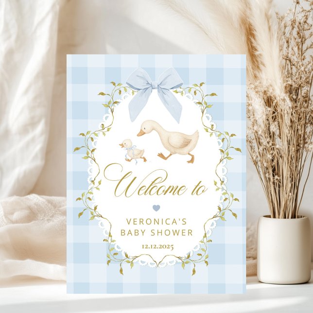 Dumma Gås Blå Gingham Babyfirande Välkomstskylt Poster (Skapare uppladdad)